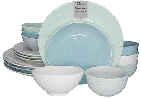 Sango Siterra Artist's Blend 16-Piece Stoneware Dinnerware Set for 4, Green, Cream & White Glossy Dishes with Speckles, Ceramic Plates and Bowls Sets for Everyday Dining, Microwave & Dishwasher Safe
