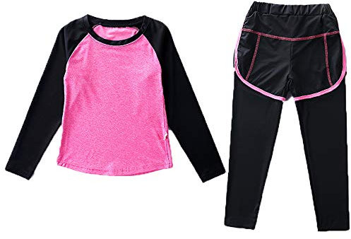 Echinodon Mädchen Sport-Set 2tlg Schnelltrockend Langarmhirt + Hose mit Shorts Anzug für Jogging Training Yoga Rosa 140