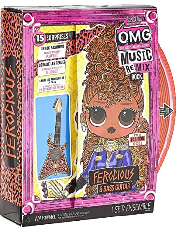 L.O.L. Surprise! OMG Remix Rock FEROCIOUS Modepuppe mit 15 Überraschungen -mit Bassgitarre, Outfit, Schuhen, Bürste, Puppenständer, Songtext-Magazin & Plattenspieler-Paket - Für Mädchen ab 4+ Jahren