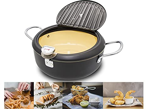 Cyrder Japanese Deep Fryer Pot with Fahrenheit Thermometer 3.5L- Nonstick Coating Fryer, Fried Tempura/Chicken/Fish/Shrimp/Meat Ball, Black 10inch