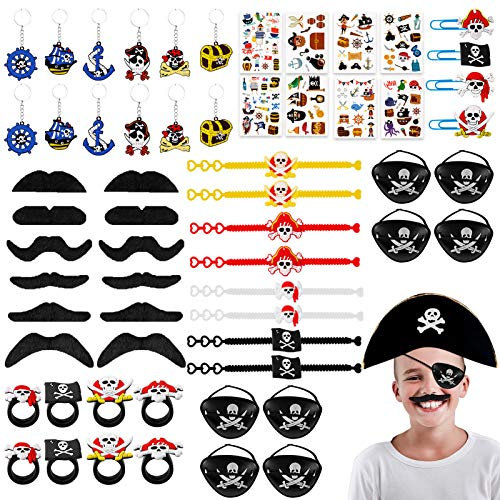 JOYUE Piraten Party Mitgebsel Kindergeburtstag, 60 Stk Piraten Spielzeug Geburtstag Gastgeschenke Enthalten Piraten Augenklappe Schnurrbart Armbänder Schlüsselanhänger Tätowierungen Haarspangen Ring