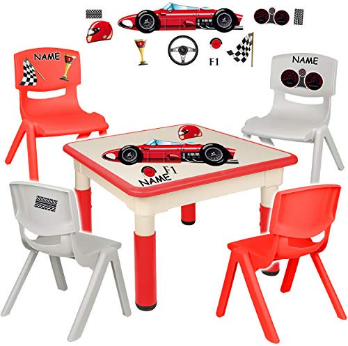 alles-meine.de GmbH Sitzgruppe für Kinder - Tisch + 4 Kinderstühle - Größen & Motiv & Farbwahl - Auto - Rennwagen/rot - inkl. Name - höhenverstellbar - 1 bis 8 Jahre - Plastik ..
