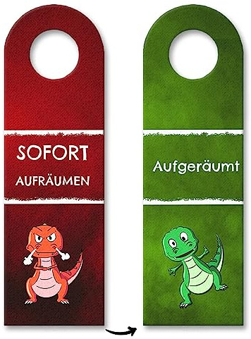 Sofort aufräumen oder aufgeräumt Türhänger mit T-Rex Dino in rot und grün Kinderzimmer Schmutz Unordnung Ordnung Aufgaben Regeln Kinder Jugend Pubertät Saustall Erziehung