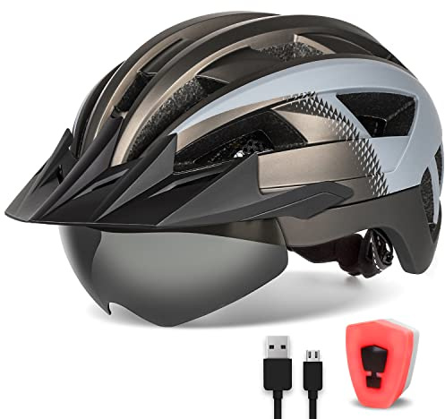 FUNWICT Cykelhjälm för män och kvinnor, lätt cykelhjälm med visir USB LED-bakljus hjälm cykel för mountainbike med magnetiska glasögon, avtagbart solskydd storlek 57–61 cm (Stor, Titanium Grå)