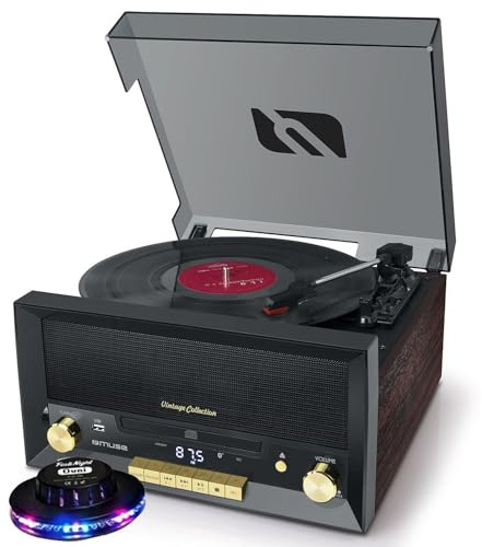 gef-roy Système Chaîne HiFi - Muse MT-112W - CD 20W Vintage avec Platine Vinyle - CD/FM/USB/AUX - 33/45/78 Tours - Lumière OVNI
