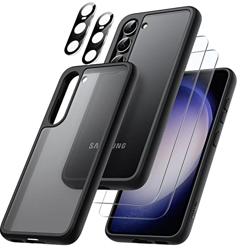 JETech 5-in-1 Matte Hülle für Samsung Galaxy S23, Schwarz | 2 Gehärtete Glas Schutzfolien, 2 Kameraschutz Folien, Schützende Handyhülle mit Transluzenter Rückseite