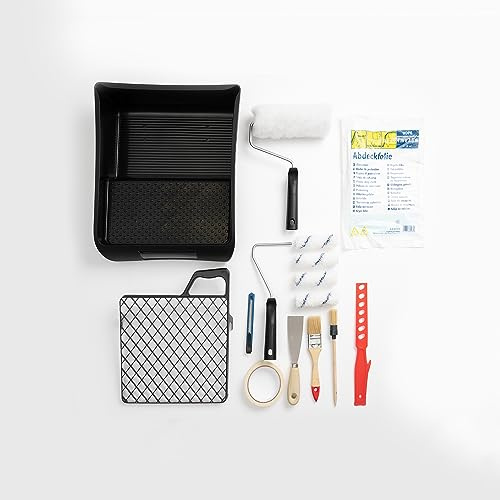 A.S. Création Renovierungs-Set 15-teilig - Set zum Renovieren & Streichen - Set mit Kunststoffwanne, Abdeckfolie, Abtropfgitter, Holzpinsel und Kreppband