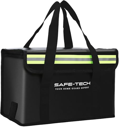 SAFE-TECH Laboratory Tested Lithium Battery Bag, 14″x7.8”x 9.5″ Multi Layer Fireproof Battery Storage Case, NHS Approved Lipo Safe Bag, Explosion Proof Bag for Drone Battery Case Tested to SGS 800°C