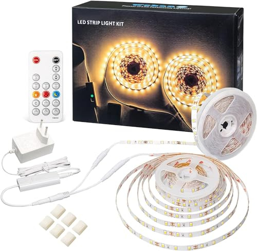 WOBANE Striscia LED 10 m bianco caldo 3000 K 2 x 5 m striscia luci led con telecomando regolabile, striscia led cucina sotto mobile con spina 12 V, striscia luce led adesiva per decorazione feste