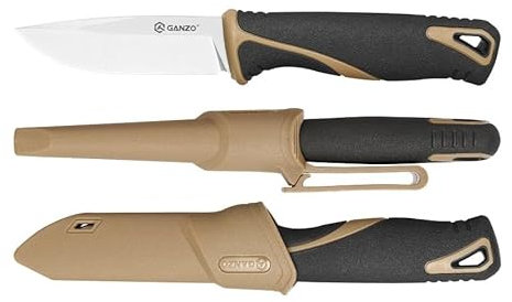 Ganzo G807-DY Feststehendes Messer, 9CR14 Edelstahlklinge, ergonomischer Anti-Rutsch-Griff, Camping, Jagd, Angeln, Outdoor, EDC-Messer mit Scheide (Beige)