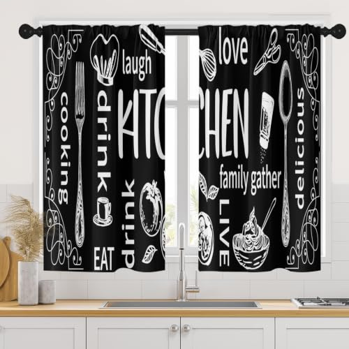 Arttown Black Kitchen Curtains 45 Inch Length White Doodle Window Short Tier Curtains Over Sink Set of 2, Modern Abstract Kitchen Decor 42x45 Inch