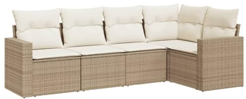 vidaXL 5-TLG. Garten-Sofagarnitur mit Kissen Beige Poly Rattan