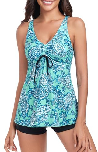 FLYILY Maillot de bain 2 pièces pour femme, Lacets à l'avant, Dos nageur, Maillot de bain grande taille, Tankini avec short