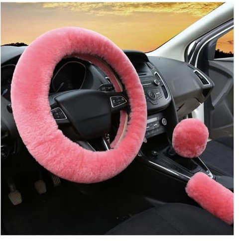 Lenkradabdeckung 3-teiliges Flauschiges Plüsch-Lenkradbezug-Set Weiche Handbremsabdeckung Schalthebelabdeckung Autozubehör Untersetzer Lenkradhüllen (Farbe : Rosa)