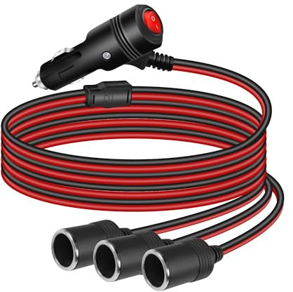 GELRHONR 1 a 3 Divisor Encendedor de Cigarrillos 1M, 12V 24V Cable de Extensión para Mechero de Coche con interruptor y Fusible 15A, Enchufe de Encendedor 3 vías Toma de Cigarillo Macho a Hembra