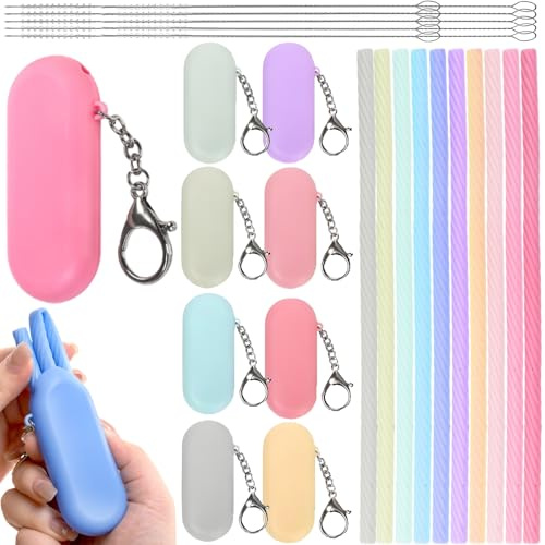 Acshio Set of 10 Silicone Straws with Case, Reusable Collapsible Straws Travel Straws with Cleaning Brushes, Portable Foldable Drinking Straw for School, Office, Party, Picnic, 10 Color