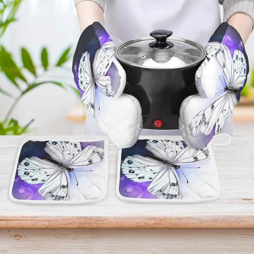 Ofenhandschuhe und Topflappen, 4 Stück, Küchenhandschuhe mit rutschfester Oberfläche, hitzebeständige Ofenhandschuhe, weißer Schmetterling, Kochhandschuhe, Baumwolle, Ofenhandschuhe zum Backen,