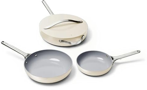 Caraway Fry Pan Trio - Non-Stick Frying Pans (10.5” & 8”) & Non-Stick Saute Pan - Non Toxic, PTFE & PFOA Free - Oven Safe & Compatible with All Stovetops (Gas, Electric & Induction) - Cream