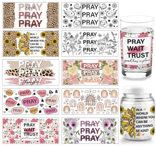 arricraft 10 Blatt UV DTF Cup Wrap, 10 Stile „Pray Word“-Motiv, Leopardenmuster, Blumen-Abziehbilder, Wasserfest, PVC-Papier, Abziehbilder Zum Selbermachen, 16 Unzen, Holz, 24 × 11 cm