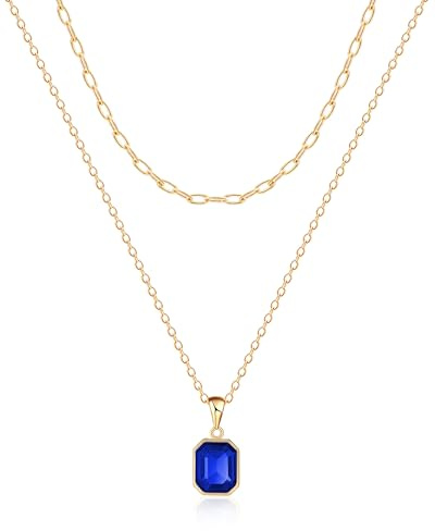 Mesovor Gold Kristall Halsketten für Damen im Trend, 18K Vergoldete Büroklammer Kette | Geburtsstein-Halskette, Schmuckgeschenke (Königsblau)