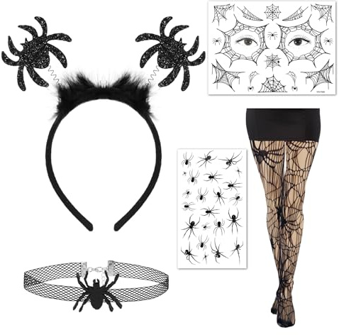 DPKOW Spinnen Haarreif Tattoo Netzstrumpfhose Spinnennetz Halskette Damen Spinnenkostüm Temporäre Tattoo Gesicht Spinnennetz Haarschmuck Kopfschmuck Halloween