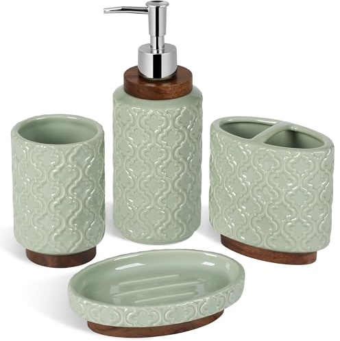 RQYIXI Badezimmer-Zubehör-Set, Zahnbürstenhalter, Seifenspender, Keramik-Badezimmer-Set mit Zahnputzbecher, Seifenschale, Becher, 4-teilig | Badezimmer-Set, Seifenspender, Zahnbürstenhalter, Becher, Seifenschale, geprägt, salbeigrün, Keramik, Massivholzsockel