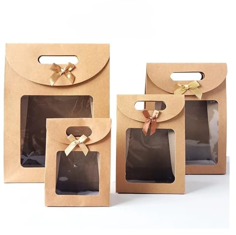 LNNXSZ Sacs en Papier Sacs Cadeaux Portables 10/20 pièces, Sac en Papier Kraft à fenêtre Transparente avec poignée, Sacs de Cuisson de Bonbons, Biscuits et gâteaux(Brown (Window),23X31X11CM_20PCS)