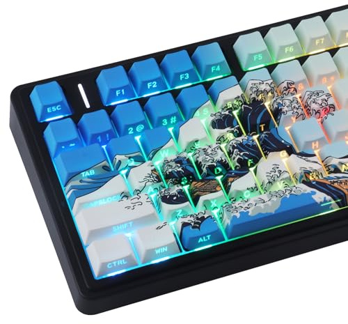 PBT Keycaps 75 Percent,Custom Cool Wave of Kanagawa Light/Sky Blue Keycaps