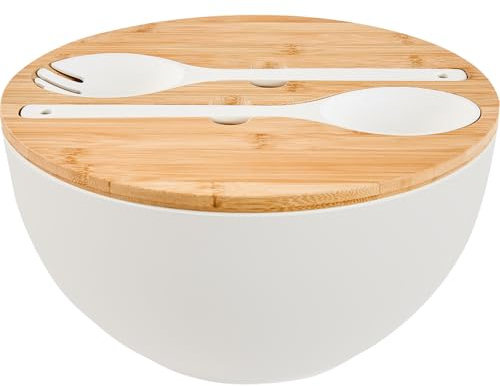 GEHE Salatschüssel aus Servierbesteck – große Rührschüsseln aus massivem Bambus, Salatschüssel mit Bambusdeckel, Löffel für Obst, Salate und Dekoration (Weiss, 12INCH)