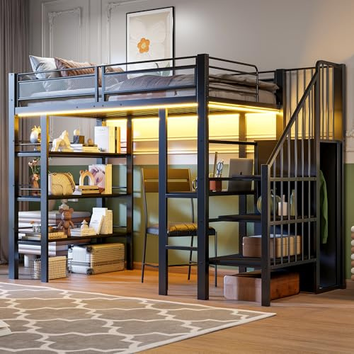 WIZBED Hochbett Metallbett 90x200cm mit Kleiderschrank & Schreibtisch & Treppe & 3 Regalen, Bettrahmen Etagenbett mit Lattenroste aus Metall, Jugendbett, ohne Matratze