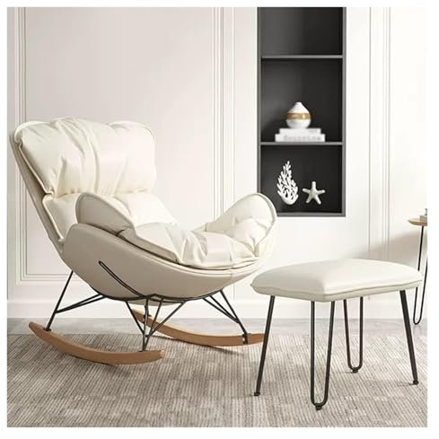 SZITW Moderner Schaukelstuhl mit Fußhocker für das Wohnzimmer, gepolsterter Relaxsessel mit hoher Rückenlehne, Schaukelsessel mit Akzentsessel und Beinen aus Massivholz (Cremeweiß)