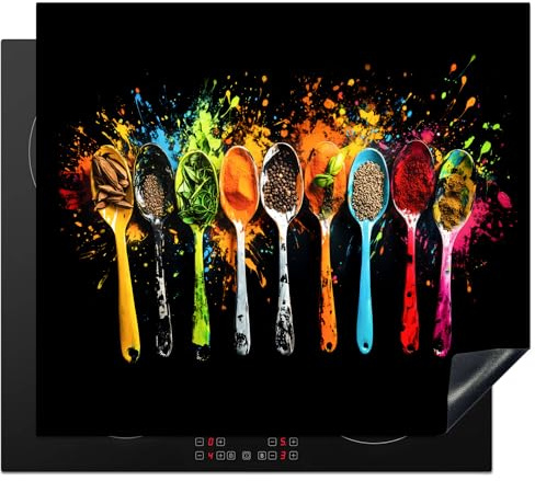 KitchenYeah© Protege Plaque Induction Decoration Cuisine Tapis de | 57x51 cm - Protection Pour Plan De Travail Cuisson Protégé Cuillères - Épices - Modern - Graffiti - Coloré