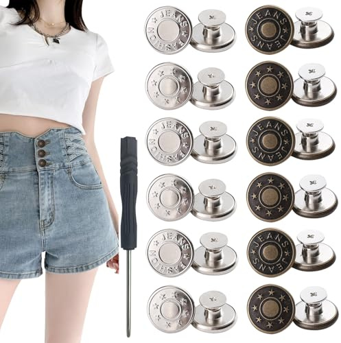 Bouton jean amovible, 12PCS 17mm / 0.67 pouces réglable amovible bronze et argent métal bouton pin pour jeans sans couture jeans bouton clip