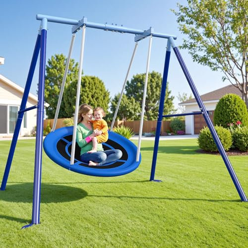 JYGOPLA 50-Inch Saucer Swing with Frame & Stand - Heavy Duty 600 lbs Capacity, Outdoor Swing Sets for Backyard Family Fun, Kids 3-12 & Adults, Easy Assembly (Blue)
