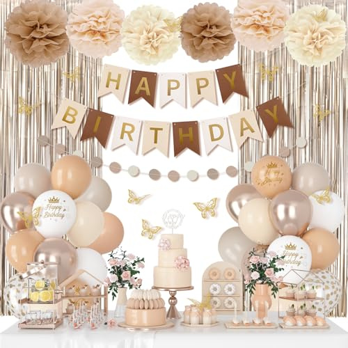 Neutral Birthday Decorations for Women Girls, White Sand Gold Confetti Metallic Printed Balloons Butterfly Stickers Fringe Curtain Happy Birthday Banner Circle Dots Paper Pompoms Party Decor Supplies