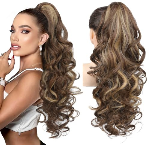 Ponytail Extension, 61cm Lange Zopf Pferdeschwanz Haarverlängerung Natürliches Clip in Pferdeschwanz Haarteil Kunsthaar für Damen, Kastanienbraun mit goldenen Highlights