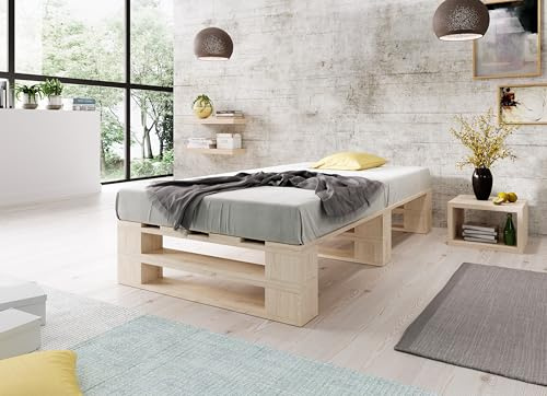 Lermowood Palettenbett M2 aus Holz 90 x 200 cm Natur mit Lattenrost Holzbett 40cm Stabiles Seniorenbett Kinderbett Jugendbett Gästebett erhöhtes Einzelbett Bettgestell Futonbett Komforthöhe Naturholz