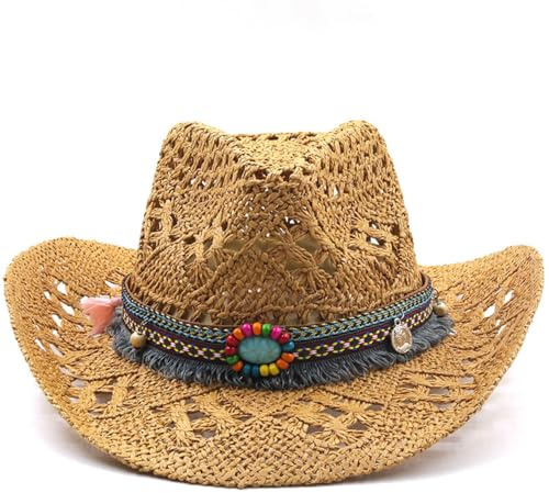 Cazqgoy Western Cowboy Hat for Women Men Straw Panama Bohemian Summer Beach Hat, Kaki, L