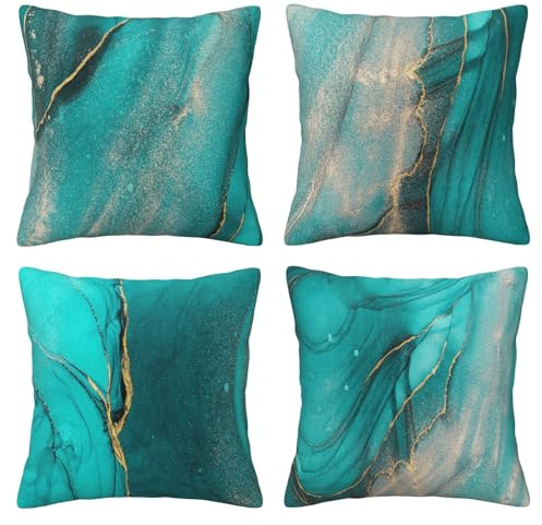 DILOXNSU 4er Set Türkis Gold Kissenbezug 40x40 cm Samt Kissenbezüge Marmortinte Abstrakte Kunst Dekokissen Sofakissen Modern Kissenhülle Weiche Deko Kissen für Sofa Couch Schlafzimmer