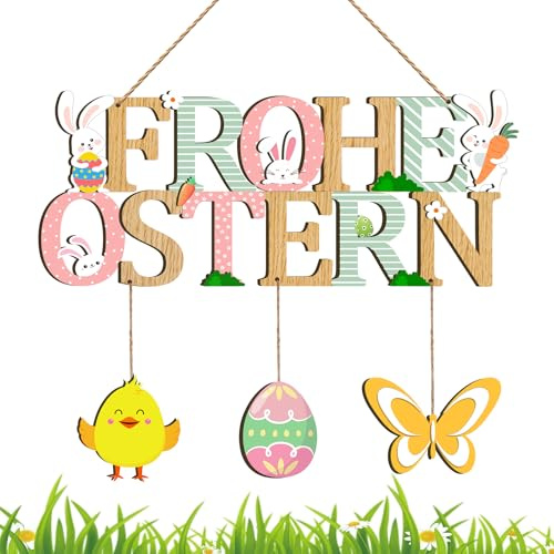 Sunwuun Türschild Frohe Ostern,Hochwertiges Holzschild für Ostern celebrations-Osterdeko Outdoor mit Osterhase Ostereier-Deko zum Aufhängen-Geschenk für Osternliebhaber