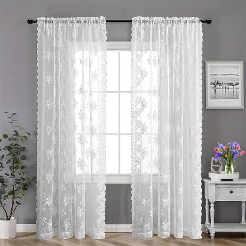 PORFOYO Weiße Spitze Vorhang, Voile Vorhang, Scheibengardine Spitze Gardinen Spitzenvorhänge Landhaus Gardine Küchengardinen Mit Ösen Transparente Für Wohnzimmer Schlafzimmer 2er Set W150cm X L200cm