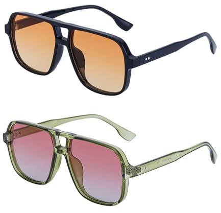 TUONYIS 2 Pack Retro Square Pilot Sunglasses for Women Men,Double Bridge Rectangle Sunglasses,Oversized 80s Pilot Sun Glasses Vintage Tinted Eyewear UV400 Protection for Driving Outdoor (Black,Green)