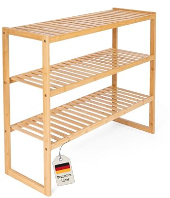 Meramie Schuhregal aus Bambus, stapelbares Bad- und Küchenregal, naturbelassen, 3 Ebenen Regal mit Stecksystem, platzsparend, Größe BTH 75x26x62 cm