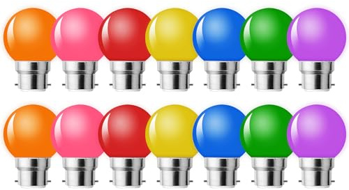MZYOYO 14er Pack B22 LED Bajonett Bunte Glühbirne,2W Farbige Glühbirnen,B22 G45 Bunt,Gemischte Farben LED Leuchtmittel,Rot Gelb Blau Grün Orange,für Lichterkette Party Halloween Dekoration