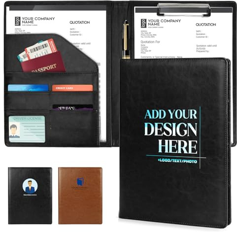 ENOMY Konferenzmappe A4 Personalisiert Schreibmappe Leder Arbeitsmappe mit Logo/Text/Foto Professional Geschäft Aktenmappe Dokumentenmappe für Lebensläufe Interviews Büro Schwarz