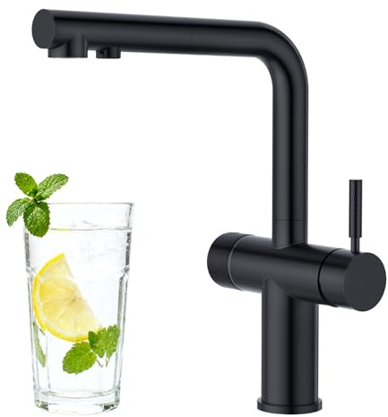 Faustina Grifo de Cocina para Fregadero de 3 vías con Ducha Extensible, Doble Palanca Mezclador Sistema de Ósmosis y Filtro de Agua, negro