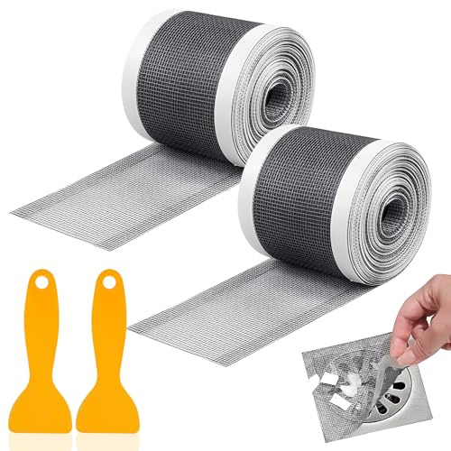 2 Stück Abflusssieb Dusche, Abfluss Haarfänger Einweg 10cm x 10m Duschabfluss Mesh Aufkleber mit Plastikspatel Abflusssieb Badewanne Duschabfluss Haarsieb für Duschrinne Badewannen Küchen