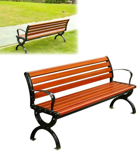 Banc de jardin avec dossier et accoudoirs, résistant aux intempéries, capacité de 500 kg, lattes en bois massif, pieds en fonte pour terrasse, balcon, parcs et pavillons (180 cm)