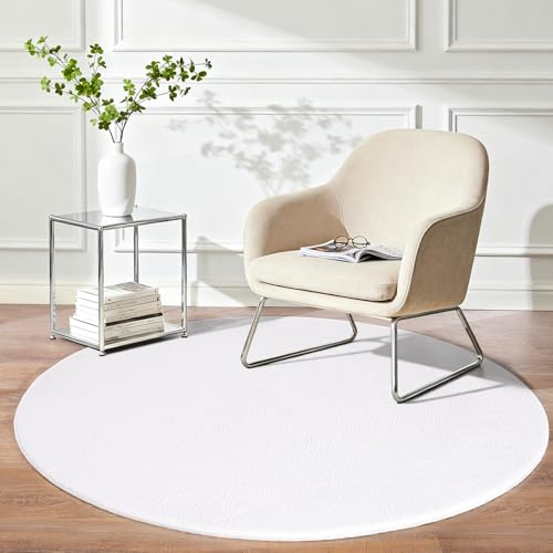 iEvery Teppich Rund 120 - Waschbarer Kuscheliger Kurzflor Teppich, Weich & Pflegeleicht Moderner Carpet rutschfest für Schlafzimmer Wohnzimmer Bettvorleger & Kinderzimmer Deko, Weiß