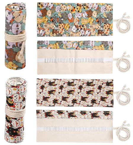 DINGFENG 2 Piezas Estuche Rollo de Lona de 36 Agujeros, Portalápices Enrollable con Motivo de Gato Dibujo Animado, Lavable para Lápices Acuarelables Lápices de Colores Lápices Organizador de Bolíg